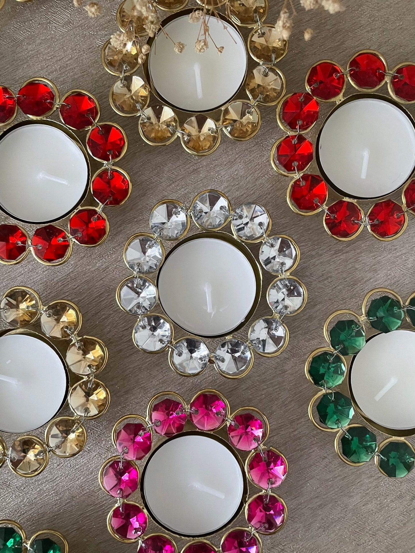 10 Diwali, Deepawali Tea-light Candles Holder, Metal Crystals Diyas, Diva, Deeya,for Gifting Home Decor, House-Warming, Dholki