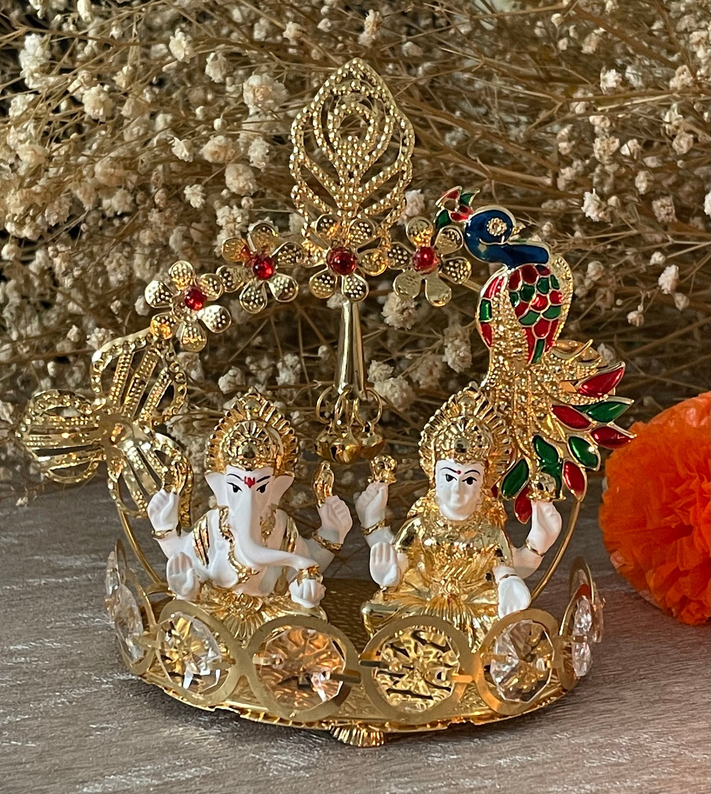 Lakshmi and Ganesh Figurines thumb size Sitting on on a Metal Decoration White Figurines with Golden plating accents Diwali Pooja Gifting