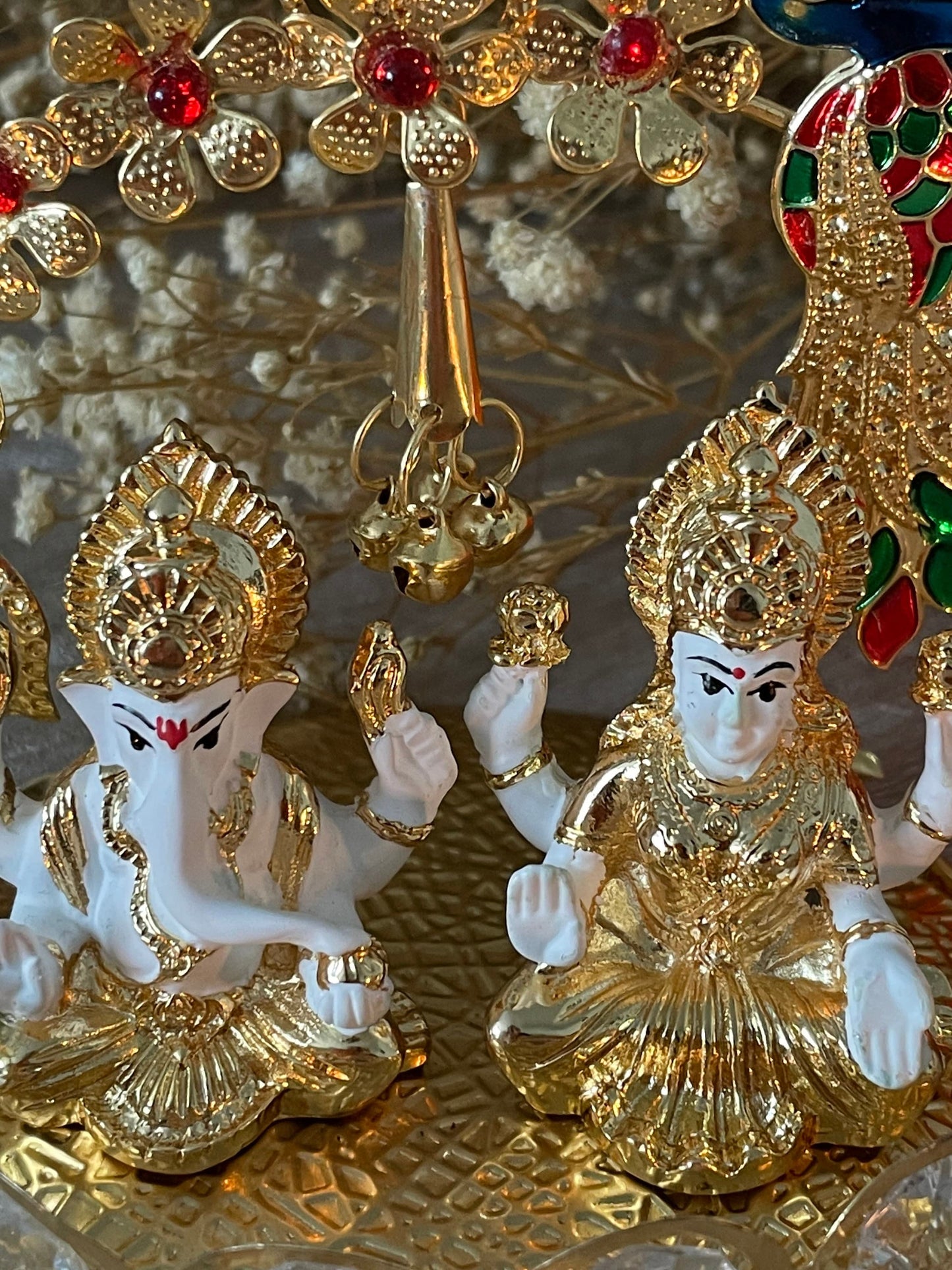 Lakshmi and Ganesh Figurines thumb size Sitting on on a Metal Decoration White Figurines with Golden plating accents Diwali Pooja Gifting