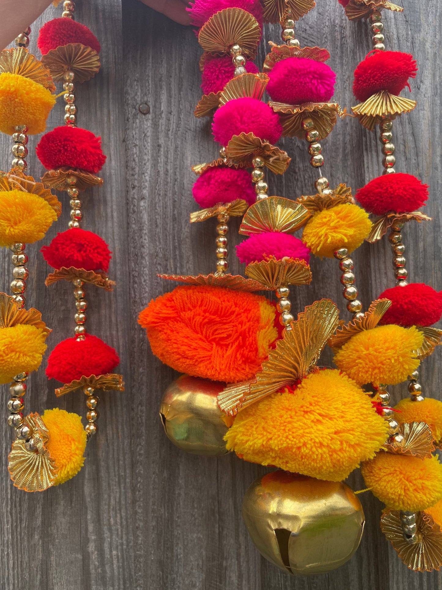 Pair of PomPom Ringing Cowbell Hanging Strings for Diwali Decor Garden Party Decoration Outdoor Backdrops Event Weddings Home Decor New Home