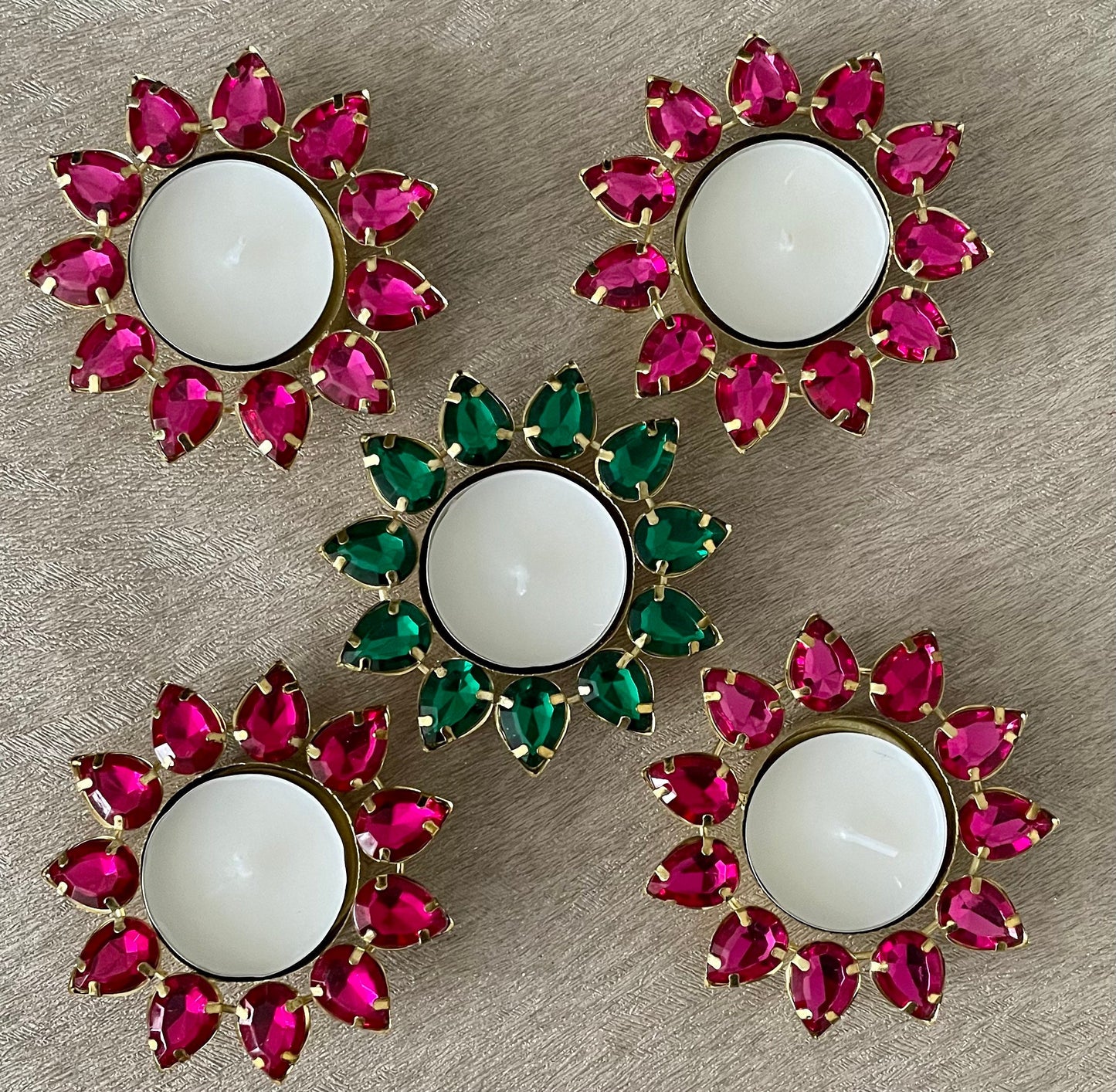 12 x Diwali, Deepawali Tea-light Candles Holder, Metal Crystals Diyas, Diva, Deeya,for Gifting Home Decor, House-Warming, Dholki