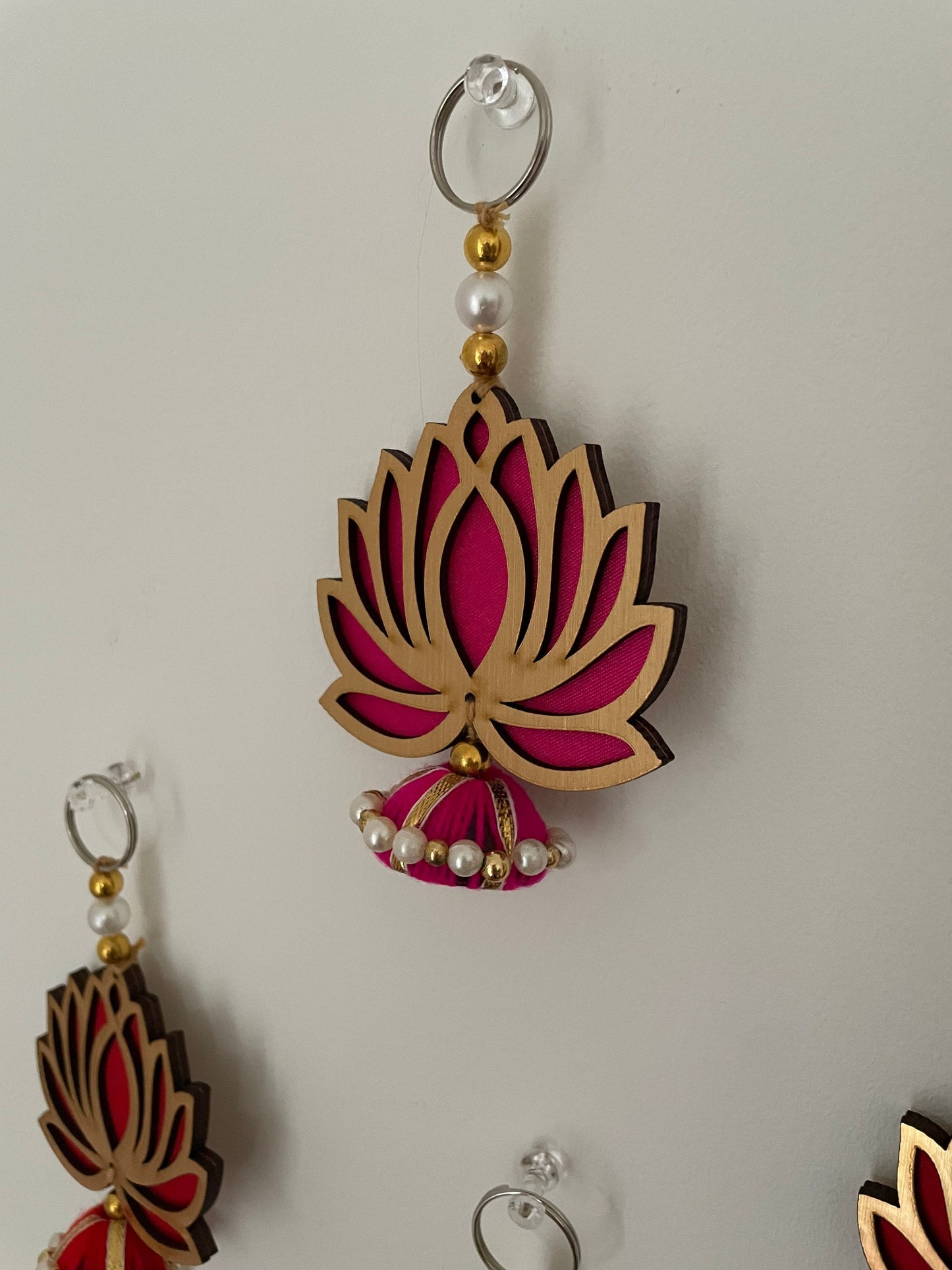Set of 10 | Diwali Decoration Lotus Pearl danglers latkans | Available in two colours Red & Hot Pink