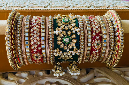 Pair of Lac Bridal Chooda Choora| Bangles Stack| Kundan Jhumki Kangan l Indian Jewellery Bridal Bangle Stack Wedding| Rajasthani style