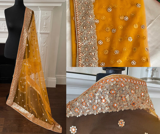 Orange Net Duppattas Broad Sequin cluster faux mirror work border Scarf Chunni Chunri Odhni Weddings Karwachauth Diwali Dressing