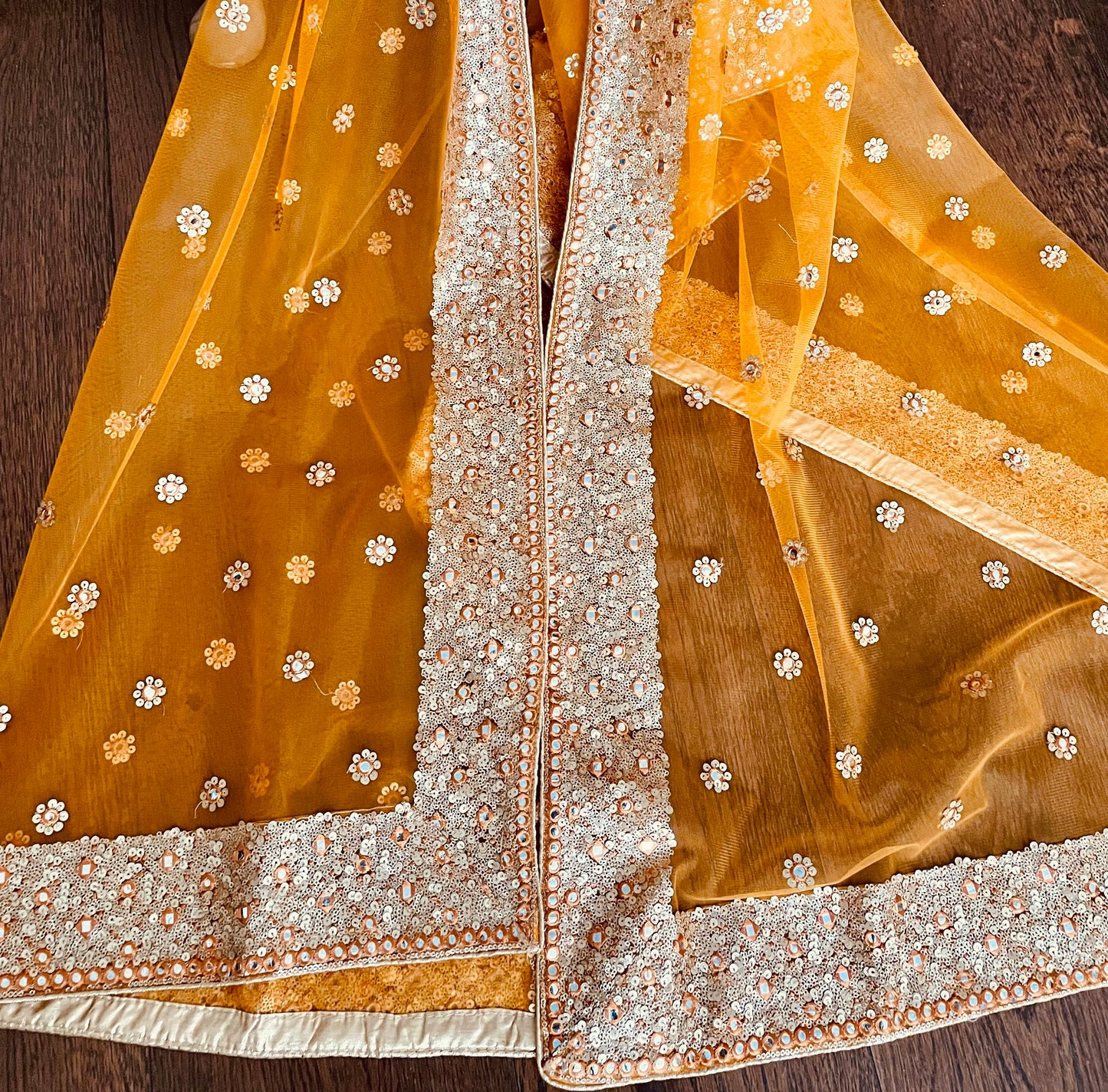 Orange Net Duppattas Broad Sequin cluster faux mirror work border Scarf Chunni Chunri Odhni Weddings Karwachauth Diwali Dressing