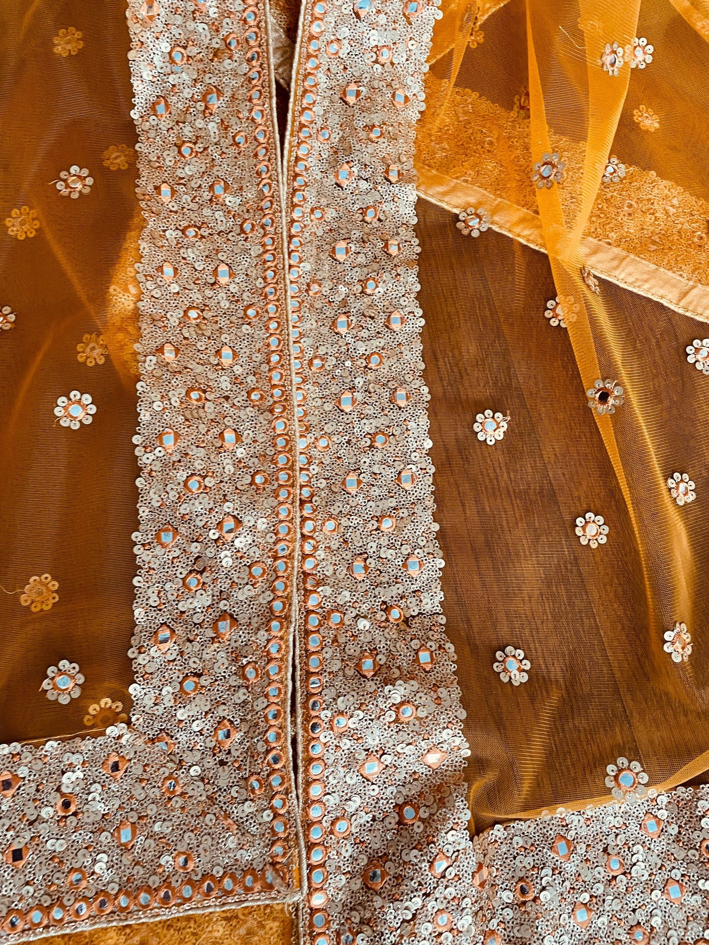 Orange Net Duppattas Broad Sequin cluster faux mirror work border Scarf Chunni Chunri Odhni Weddings Karwachauth Diwali Dressing