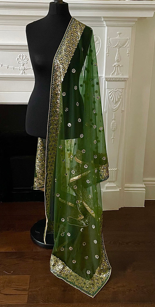 Green Net Duppattas Broad Sequin cluster faux mirror work border Scarf Chunni Chunri Odhni Weddings Karwachauth Diwali Dressing