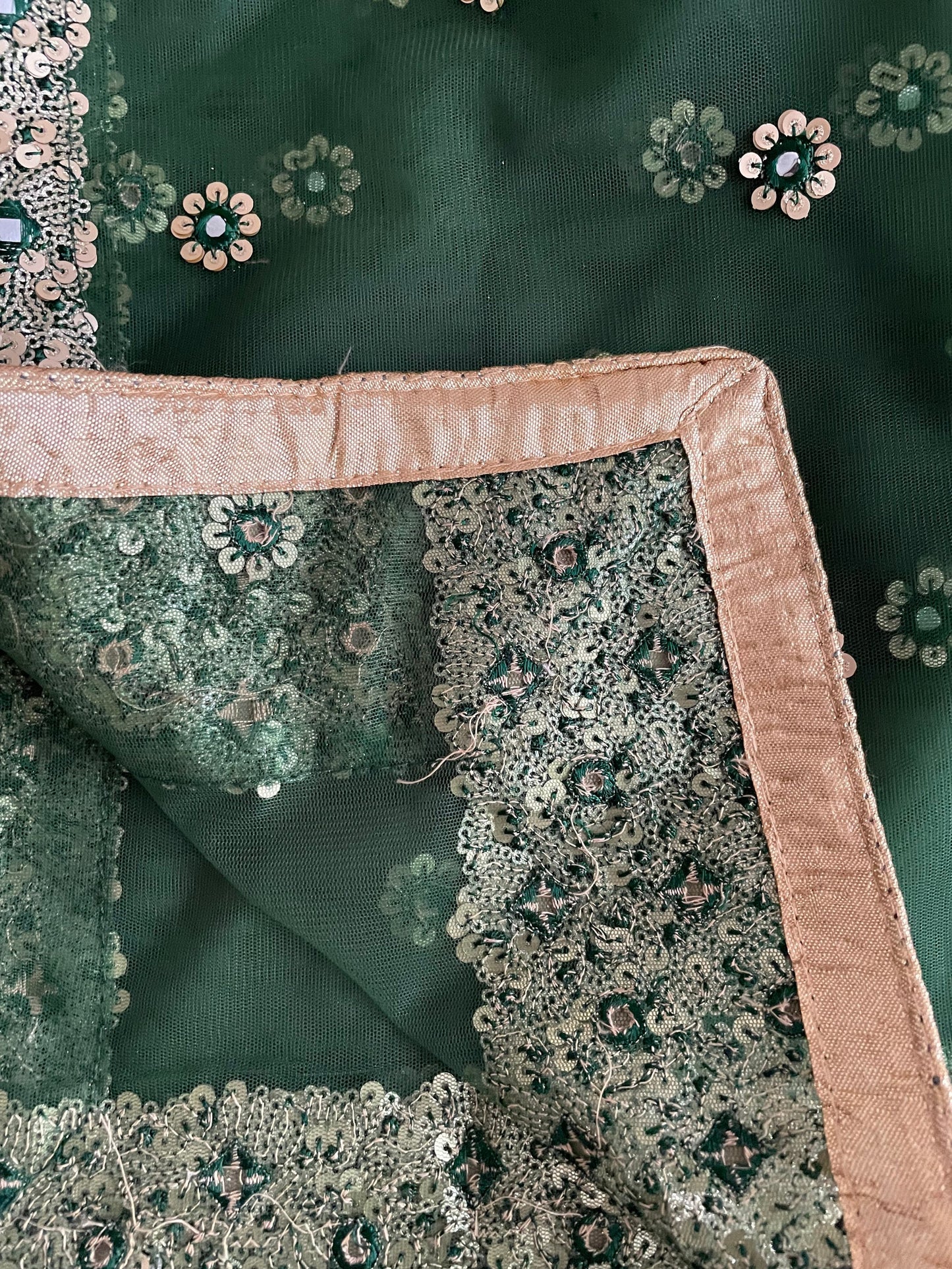 Green Net Duppattas Broad Sequin cluster faux mirror work border Scarf Chunni Chunri Odhni Weddings Karwachauth Diwali Dressing