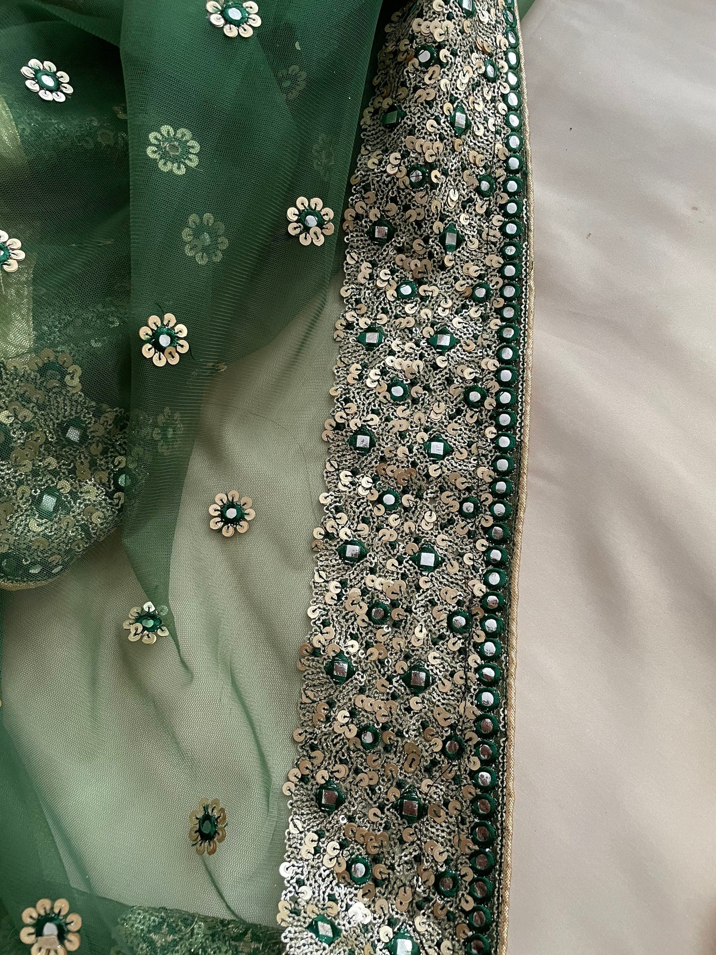 Green Net Duppattas Broad Sequin cluster faux mirror work border Scarf Chunni Chunri Odhni Weddings Karwachauth Diwali Dressing