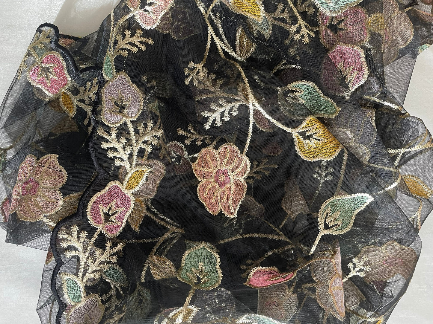 Black Net Duppattas scallop Resham silk thread floral trellis pattern all over Scarf Chunni Chunri Veil update any Salwar Kameez