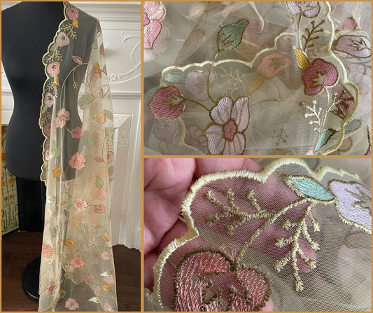 Light Yellow Net Duppattas scallop Resham silk thread floral trellis pattern all over Scarf Chunni Chunri Veil update any Salwar Kameez