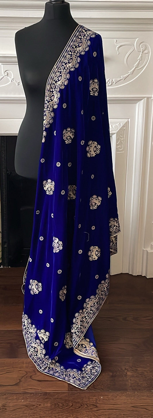 Royal Blue Velvet Embroidered Shawl Chaddar Duppattas for Winters Weddings Lohri dressing update Salwar Kameez Lehengas Kurtis