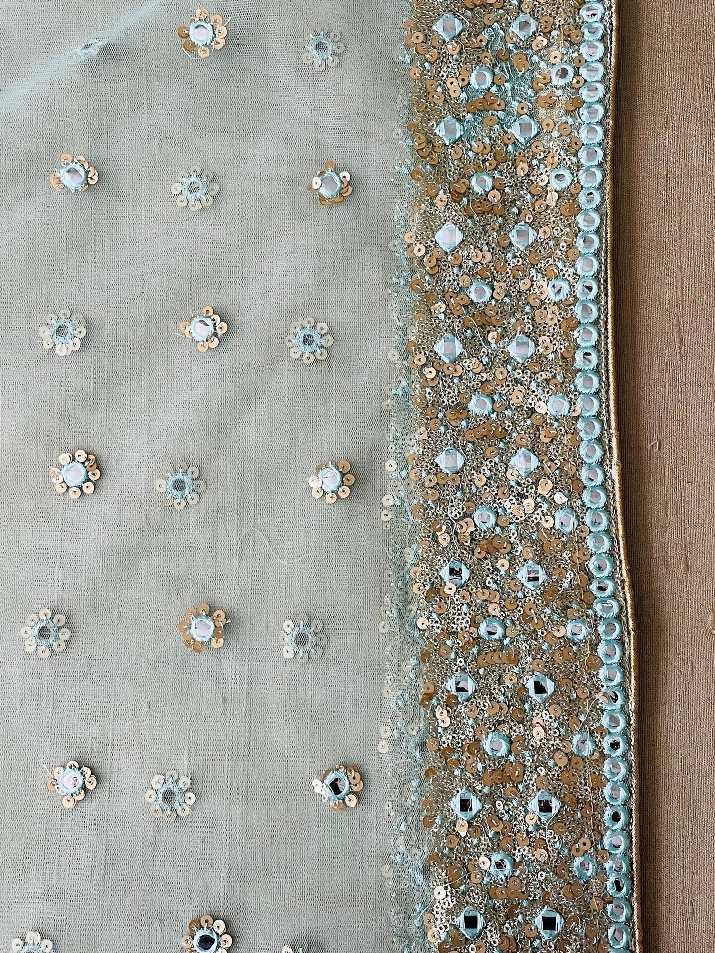Pastel Blue Net Duppattas Broad Sequin cluster faux mirror work border Scarf Chunni Chunri Odhni Weddings Diwali Dressing