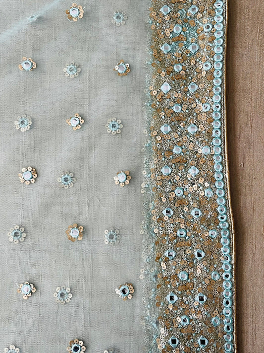 Pastel Blue Net Duppattas Broad Sequin cluster faux mirror work border Scarf Chunni Chunri Odhni Weddings Diwali Dressing