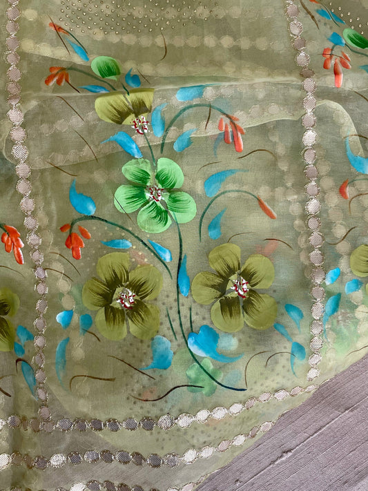 Beautiful Pastel Green Organza Hand painted Gota Duppatta Scarf Dupatta