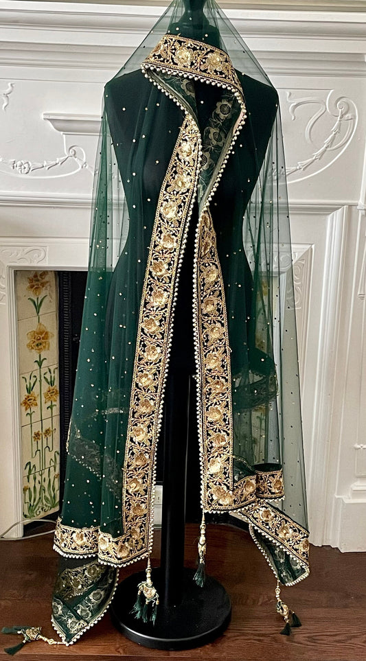 DarkGreen Bridal Net Double Second Duppatta for Wedding Outfit Lehenga Chunni Ceremony Sagan Scarf Nikaah Mehendi Mayoon Dholki Indian Odhni