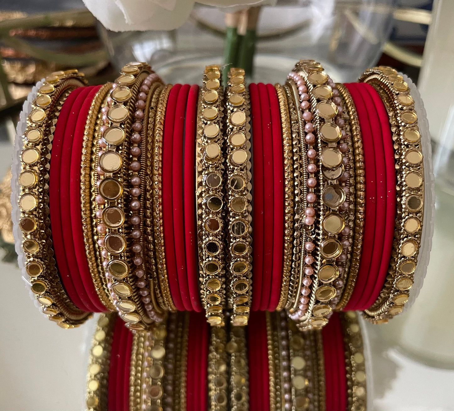 Indian Bangles Stack, Set for two hands Fashion Jewellery Metal, Mirror effect, Peals, Matt effect Bangles
