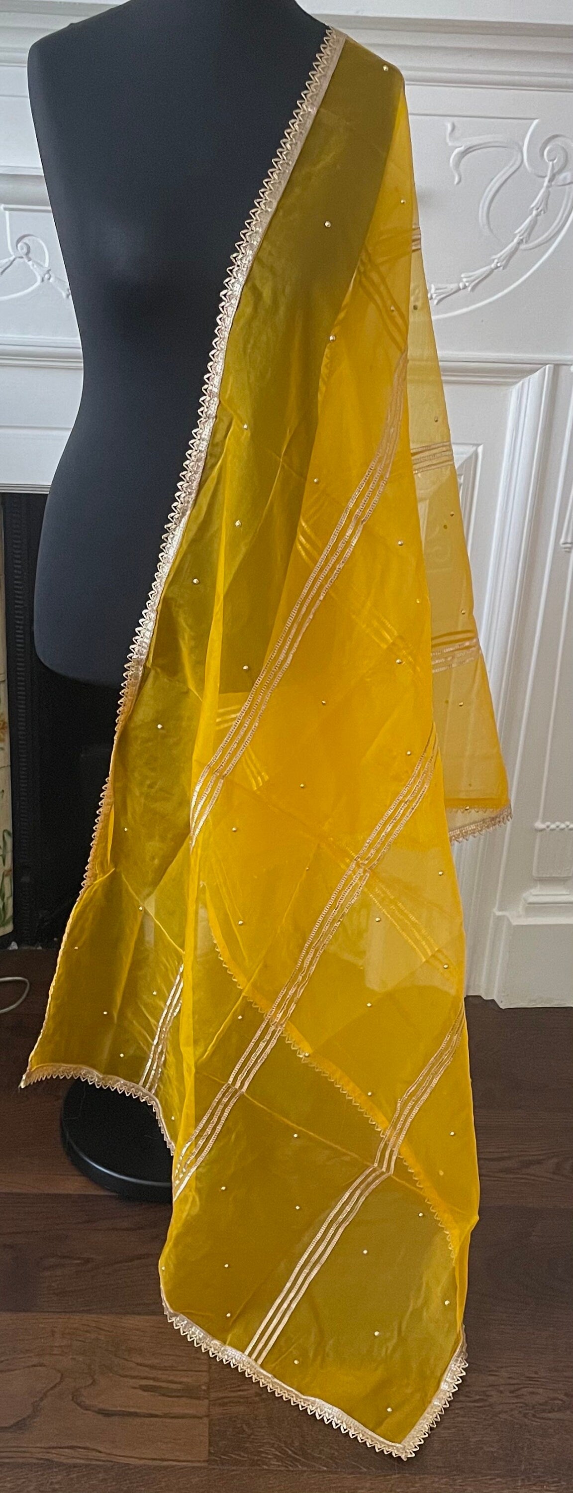 Yellow / Mango Yellow Organza Gota Dupatta Duppatta Stole| Free Shipping