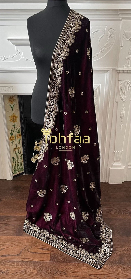 Wine Colour Velvet Embroidered Shawl Chaddar Duppattas for Winters Weddings dressing update Salwar Kameez Lehengas Kurtis