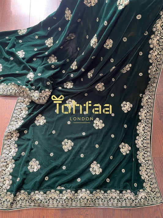 Dark Green Colour Velvet Embroidered Shawl Chaddar Duppattas for Winters Weddings dressing update Salwar Kameez Lehengas Kurtis