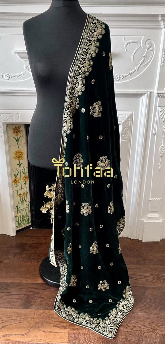 Dark Green Colour Velvet Embroidered Shawl Chaddar Duppattas for Winters Weddings dressing update Salwar Kameez Lehengas Kurtis