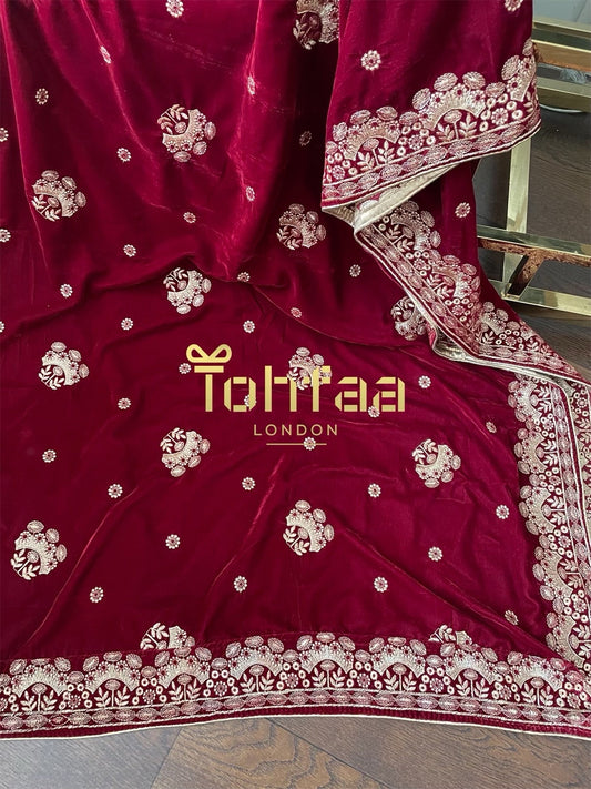 Maroon Colour Velvet Embroidered Shawl Chaddar Duppattas for Winters Weddings dressing update Salwar Kameez Lehengas Kurtis