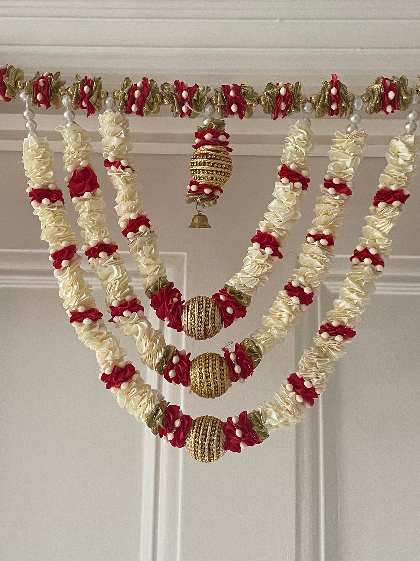 Cream & Red SatinDiwali Home Decorations Toran Thiran Door Hanging  Silk Flowers Ghungroo Bells Banderwal New Home Housewarming