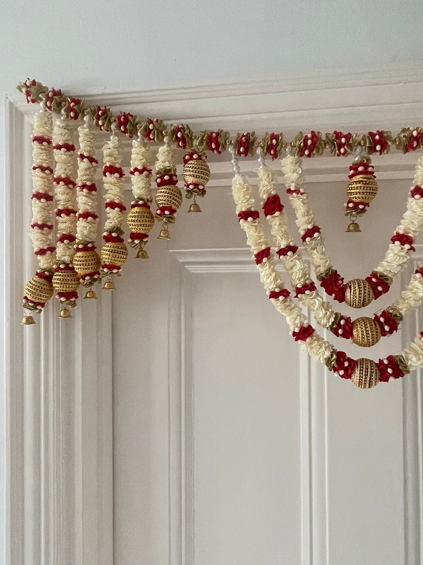 Cream & Red SatinDiwali Home Decorations Toran Thiran Door Hanging  Silk Flowers Ghungroo Bells Banderwal New Home Housewarming