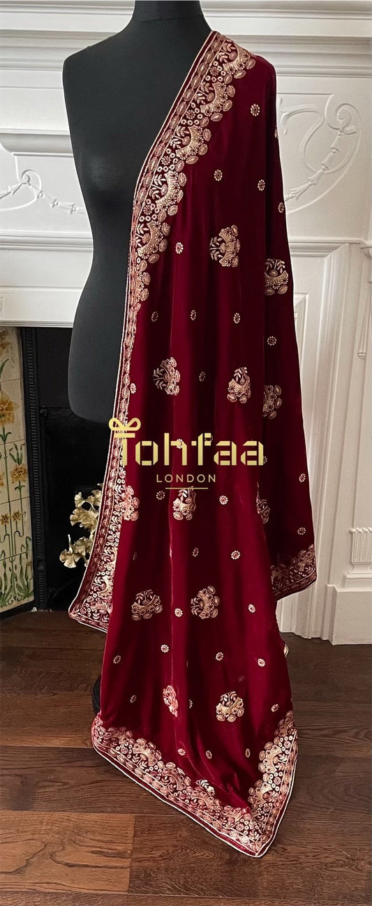 Maroon Colour Velvet Embroidered Shawl Chaddar Duppattas for Winters Weddings dressing update Salwar Kameez Lehengas Kurtis