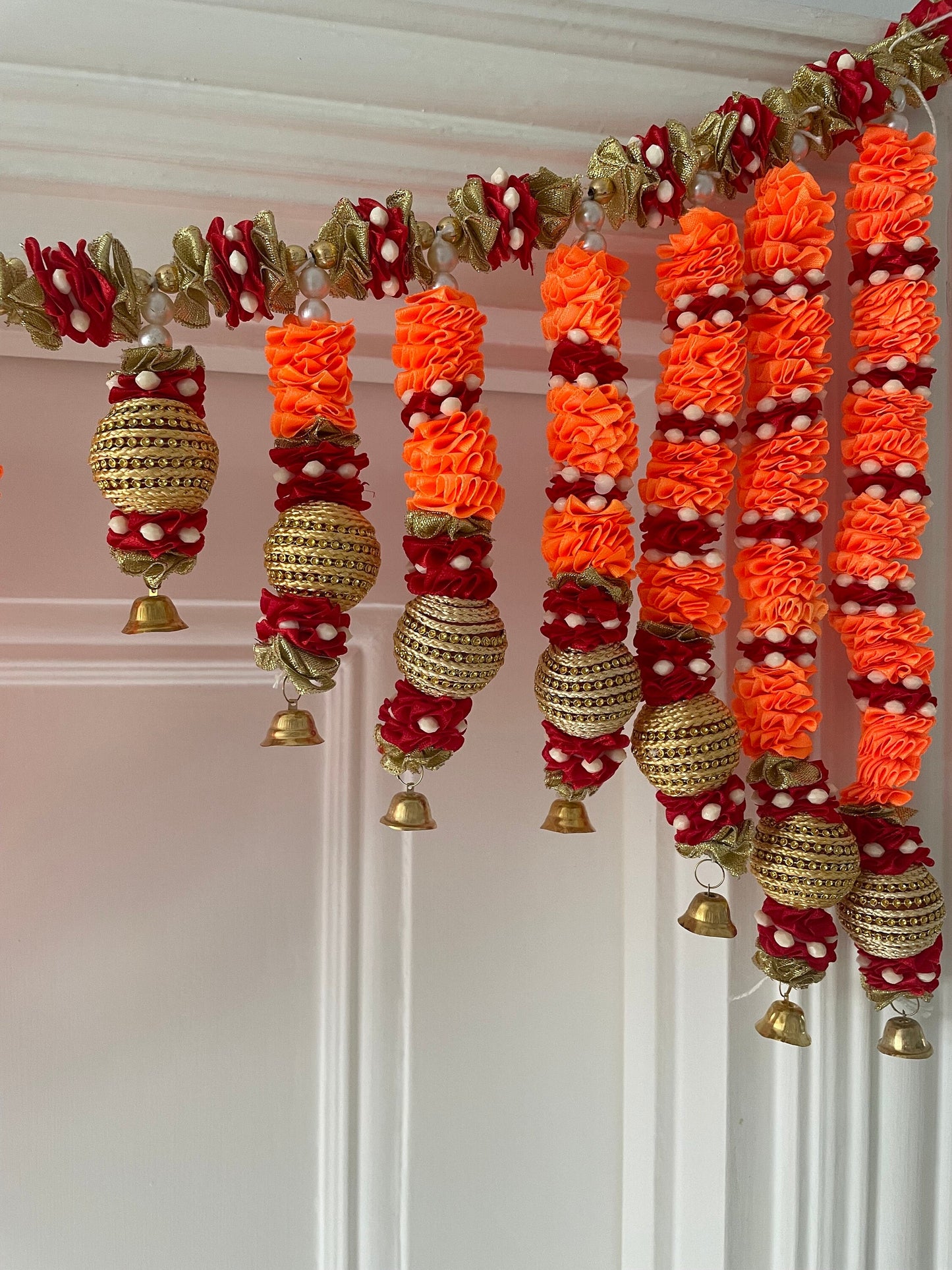 Orange & Red SatinDiwali Home Decorations Toran Thiran Door Hanging  Silk Flowers Ghungroo Bells Banderwal New Home Housewarming