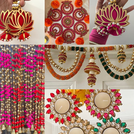 Diwali Bundle Offer- Toran| Lotus Hanging| Pom Pom latkans| Set of 12 Tea-Light holders| Jhoomar & Free Lakshmi Pagla