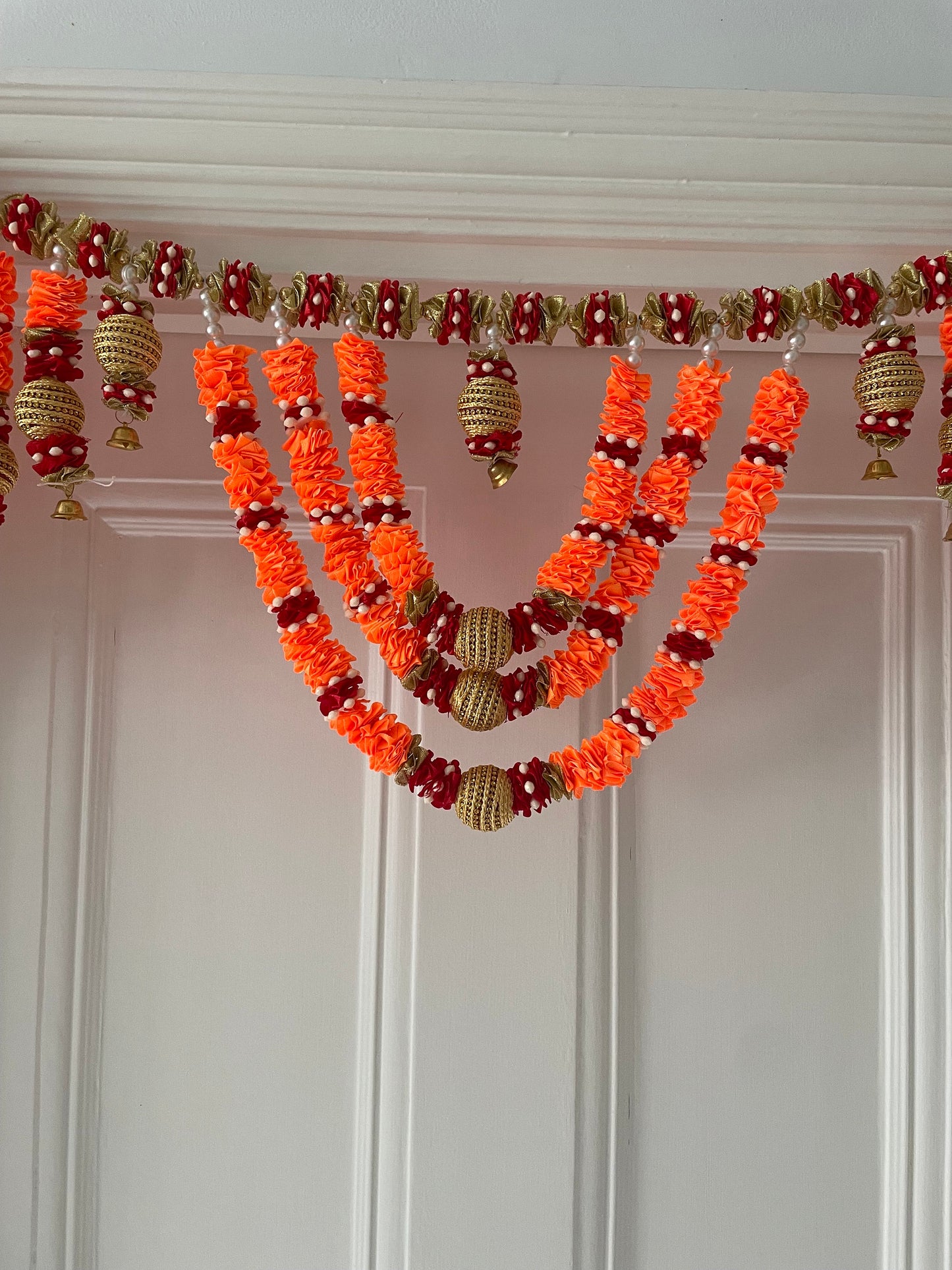 Orange & Red SatinDiwali Home Decorations Toran Thiran Door Hanging  Silk Flowers Ghungroo Bells Banderwal New Home Housewarming