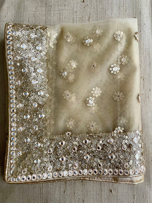 Golden / Beige Net Duppattas Broad Sequin cluster faux mirror work border Scarf Chunni Chunri Odhni Weddings|