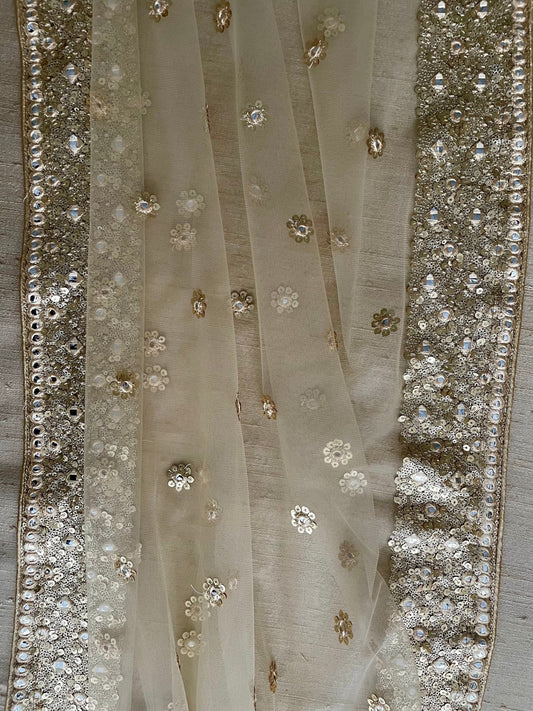 Golden / Beige Net Duppattas Broad Sequin cluster faux mirror work border Scarf Chunni Chunri Odhni Weddings|