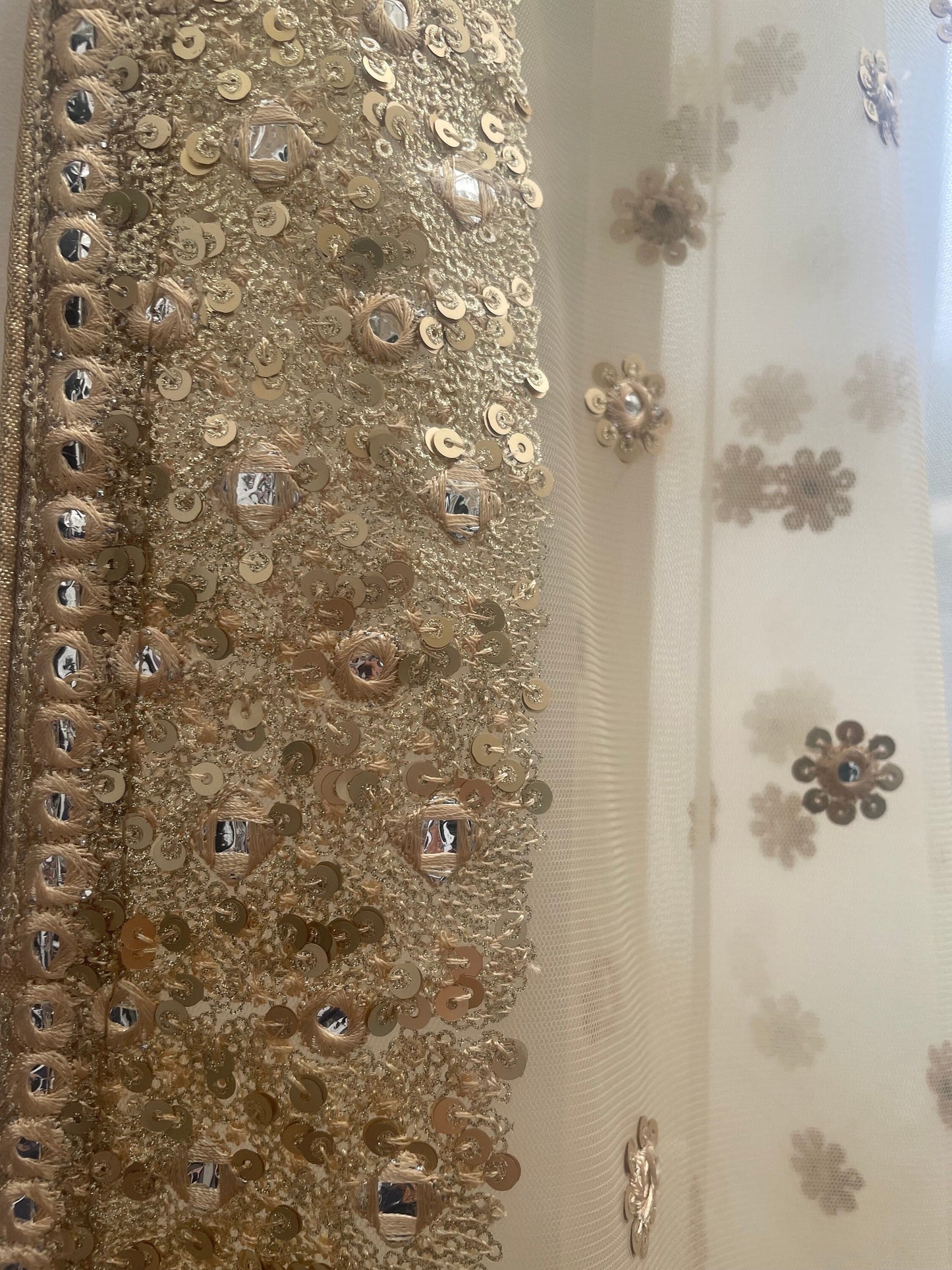 Golden / Beige Net Duppattas Broad Sequin cluster faux mirror work border Scarf Chunni Chunri Odhni Weddings|